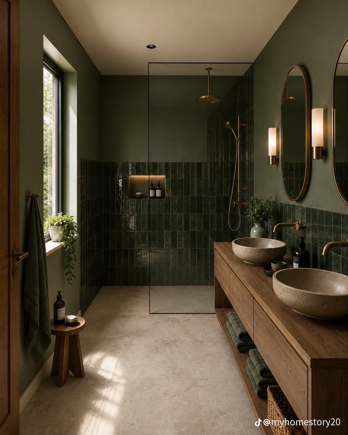 Yeşil seramiklerle tamamlanmış çift lavabolu banyo projesi